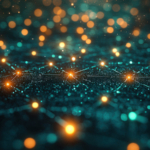 Abstract network of orange and teal glowing nodes connected by thin lines over a dark, bokeh-lit background.