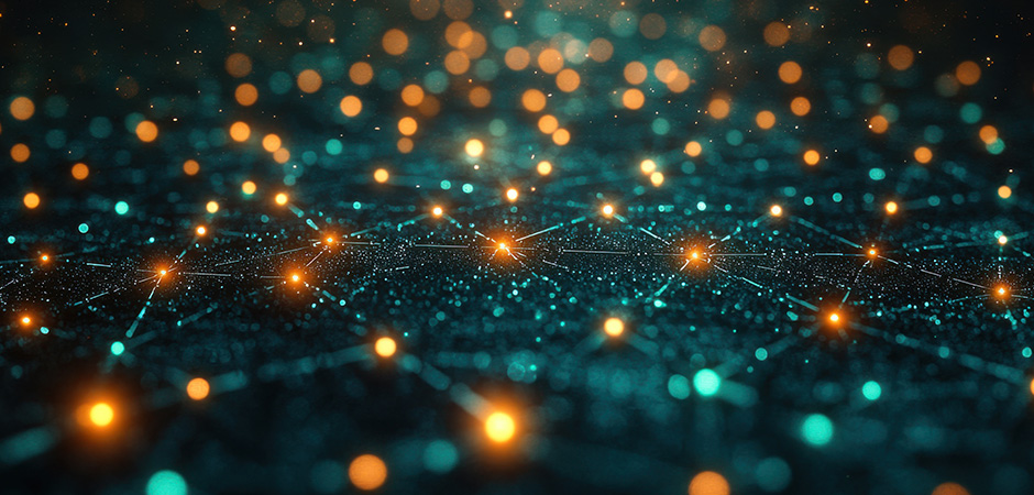 Abstract network of orange and teal glowing nodes connected by thin lines over a dark, bokeh-lit background.