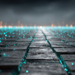 Perspective view of a dark tiled surface with turquoise glowing lines, stretching toward a distant city skyline with blurred lights in the foggy background.