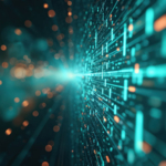 Abstract digital data stream with teal lights and glowing lines converging at a bright center, symbolizing data transfer and connectivity