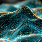 Abstract teal waves with glowing golden particles, resembling a data or technology landscape.