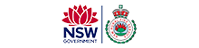 Logo of New South Wales (NSW) government beside a circular crest with green laurel and red ribbon, indicating a partnership or collaboration.